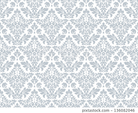 Wallpaper in the style of Baroque. White and gray floral ornament. Seamless vector background. Graphic pattern for fabric, wallpaper, packaging. Ornate Damask flower illustration 136082046