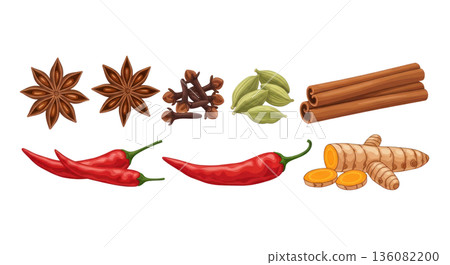 Vector illustration of assorted spices and herbs including star anise, cloves, cardamom, cinnamon, and chili peppers on a transparent background Vector illustration of assorted spices and herbs including star anise, cloves, cardamom, cinnamon, and chili peppers on a transparent background 136082200