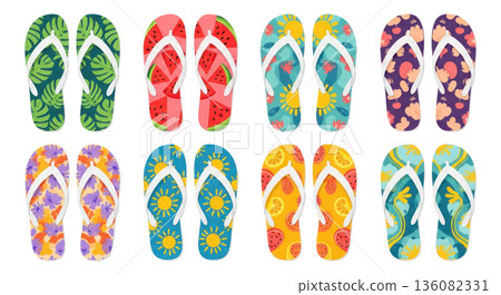 Vector illustration of multiple pairs of colorful summer flip flops arranged in a grid pattern with various vibrant designs and colors. Isolated on transparent background. 136082331