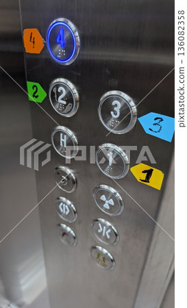 Closeup of elevator control panel with labels and tactile keys Closeup of elevator control panel with labels and tactile keys 136082358