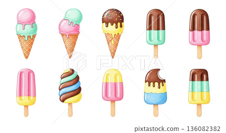 Watercolor illustration of a colorful ice cream icon set featuring various ice cream cones and popsicles on a transparent background 136082382