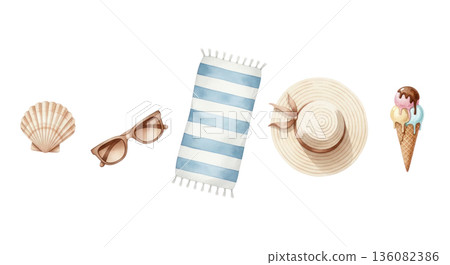 Watercolor illustration featuring beach essentials including a shell, sunglasses, towel, straw hat, and ice cream cone on a transparent background 136082386