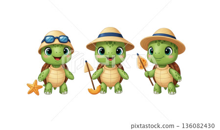 Cartoon style illustration of three cute turtles wearing hats and sunglasses, each holding beach accessories on a transparent background Cartoon style illustration of three cute turtles wearing hats and sunglasses, each holding beach accessories on a transparent background 136082430