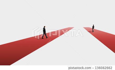 Minimalist artwork business professionals walking on red directional paths. Minimalist artwork business professionals walking on red directional paths. 136082662