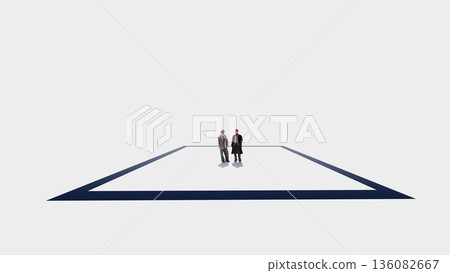 Conceptual artwork group of professionals moving across structured route. 136082667