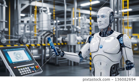 Realistic humanoid robot holding digital tablet controlling factory machinery industrial manufacturing automation engineering cyborg worker future technology concept 136082694