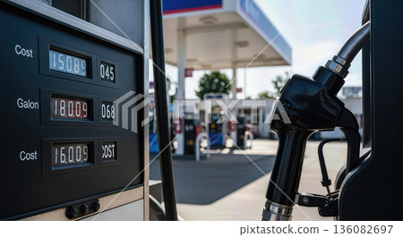 Close up of black fuel pump nozzle at gas station with digital price display background for inflation concept finance economy Close up of black fuel pump nozzle at gas station with digital price display background for inflation concept finance economy 136082697