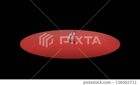 Dramatic mixed media business professional seated alone on red platform in dark space. Dramatic mixed media business professional seated alone on red platform in dark space. 136082711