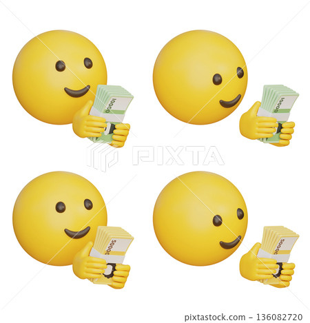 3D rendered cartoon emoji character counting Korean won banknotes 136082720
