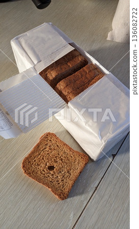 Freshly Packaged Bread with a Slice Nicely Cut Out for Convenient Enjoyment and Use Freshly Packaged Bread with a Slice Nicely Cut Out for Convenient Enjoyment and Use 136082722