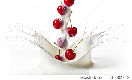 Fresh red cherries falling into white milk splash column isolated on white background with copy space for healthy food concept Fresh red cherries falling into white milk splash column isolated on white background with copy space for healthy food concept 136082740