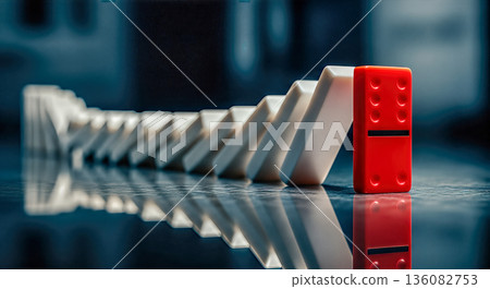 Red domino tile stopping falling white row concept leadership strength resistance unique individuality business strategy standing out from crowd crisis 136082753