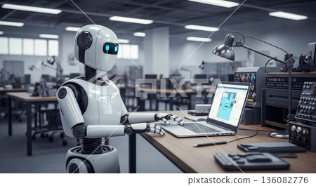 Modern humanoid robot sitting desk using laptop computer office interior engineering design development industrial automation technology business concept Modern humanoid robot sitting desk using laptop computer office interior engineering design development industrial automation technology business concept 136082776