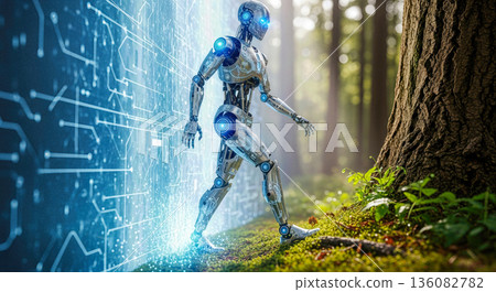 Futuristic humanoid robot walking out digital blue portal into green forest nature environment artificial intelligence transition virtual reality physical world technology concept Futuristic humanoid robot walking out digital blue portal into green forest nature environment artificial intelligence transition virtual reality physical world technology concept 136082782