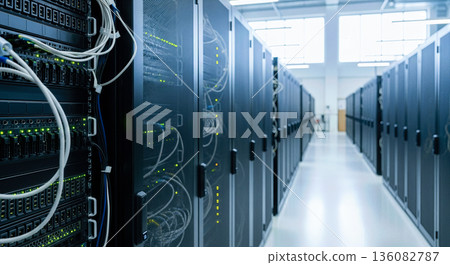 Interior of modern data center with rows of black server racks and cables for cloud computing and internet infrastructure technology concept 136082787