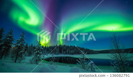 Breathtaking northern lights aurora borealis over frozen lake and winter forest at night for nature landscape travel background concept Breathtaking northern lights aurora borealis over frozen lake and winter forest at night for nature landscape travel background concept 136082791