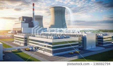 Digital light data streams connecting nuclear power plant cooling towers energy supply for artificial intelligence server farm technology concept Digital light data streams connecting nuclear power plant cooling towers energy supply for artificial intelligence server farm technology concept 136082794