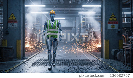 Humanoid robot worker wearing green safety vest hard hat walking dangerous industrial factory smoke sparks radiation zone automation concept Humanoid robot worker wearing green safety vest hard hat walking dangerous industrial factory smoke sparks radiation zone automation concept 136082797