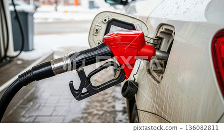 Red fuel pump nozzle inserted in white car tank close up winter season snow background gas station energy petrol industry 136082811