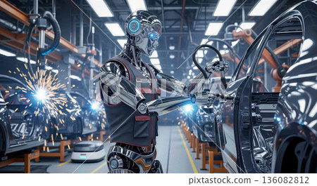 Humanoid robot worker wearing vest assembling car door factory production line industrial manufacturing automation cyborg future technology concept 136082812