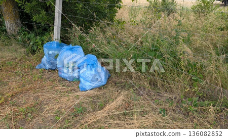 Littering is evident in our community with blue trash bags scattered in an overgrown area Littering is evident in our community with blue trash bags scattered in an overgrown area 136082852