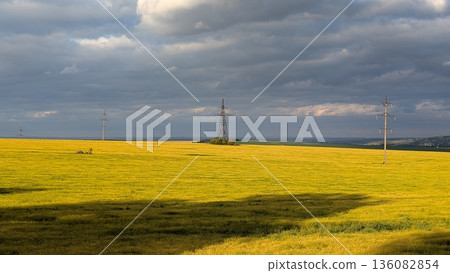 Vast Golden Field Under a Dramatic Sky Filled with Power Lines and Beautiful Clouds Vast Golden Field Under a Dramatic Sky Filled with Power Lines and Beautiful Clouds 136082854