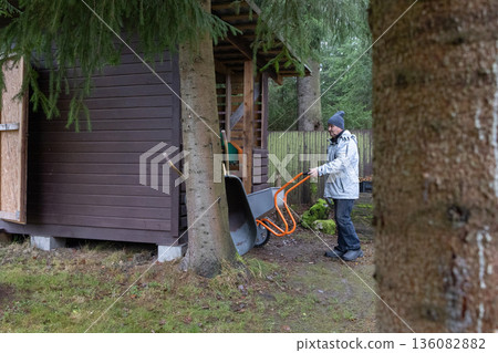 Man moving stacked logs in wheelbarrow near house and fence on rural property during cool season. Man moving stacked logs in wheelbarrow near house and fence on rural property during cool season. 136082882