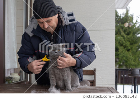 Elderly man in warm winter clothing gently grooming gray cat with brush emphasizing care responsibility and human animal bond. Elderly man in warm winter clothing gently grooming gray cat with brush emphasizing care responsibility and human animal bond. 136083148