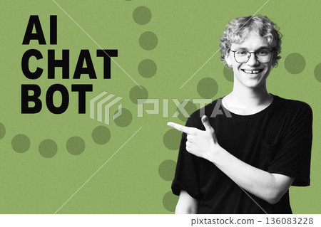 Young person points at text about AI chat bot with a green background in a creative space Young person points at text about AI chat bot with a green background in a creative space 136083228