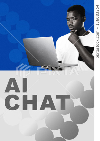 Young man thinks while using laptop for AI chat session in modern setting Young man thinks while using laptop for AI chat session in modern setting 136083254