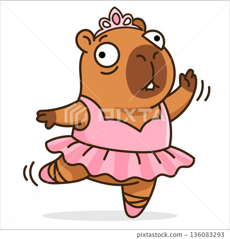 Funny cartoon capybara ballerina in pink tutu and tiara dancing ballet, cute animal character in princess outfit performing dance move, humorous vector illustration isolated on white background. 136083293