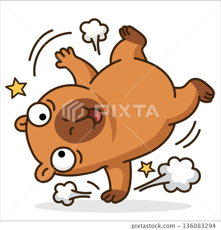 Funny cartoon capybara breakdancing on one hand, cute animal character in dynamic acrobatic pose with stars and motion lines, energetic vector illustration for dance and street culture. 136083294