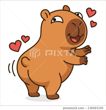 Funny cartoon capybara dancing and wagging tail with red hearts, cute animal character vector in playful love pose, cheerful illustration for Valentine's Day and social media isolated. 136083295