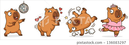 Funny capybara character set featuring disco dancer, romantic lover with hearts, breakdancer, and ballerina in pink tutu, cute cartoon animal mascot collection for stickers and design. 136083297