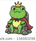 Cute frog king sitting on stone throne with golden crown and red cape. Adorable green toad prince character in kawaii style for fairy tale nursery decor and whimsical children design. 136083298