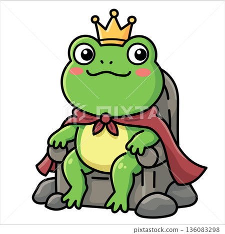 Cute frog king sitting on stone throne with golden crown and red cape. Adorable green toad prince character in kawaii style for fairy tale nursery decor and whimsical children design. Cute frog king sitting on stone throne with golden crown and red cape. Adorable green toad prince character in kawaii style for fairy tale nursery decor and whimsical children design. 136083298