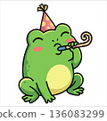 Cute green amphibian celebrating birthday with party hat and blowing whistle. Adorable toad character in kawaii style for festive nursery decor, greeting cards and whimsical party design. 136083299
