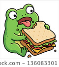 Cute green amphibian eating big sandwich with lettuce and cheese. Adorable toad character in kawaii style holding juicy toast for fast food nursery decor and whimsical children food design. 136083301