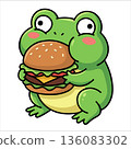 Cute green amphibian eating big cheeseburger with sesame bun. Adorable toad character in kawaii style holding juicy burger for fast food nursery decor and whimsical children food design. 136083302