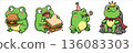 Cute frog sticker set with funny green character eating burger and sandwich, celebrating birthday with party horn, and sitting on throne as king with crown and royal cape in kawaii style. 136083303