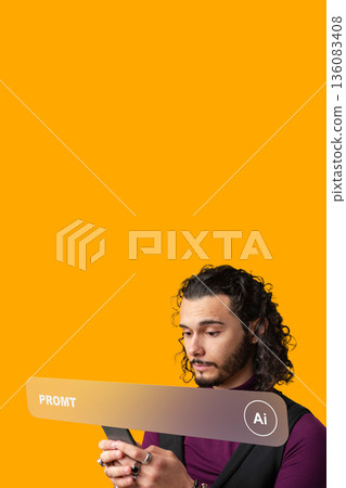 Man holding sign with text in front of orange background and focusing on sign details 136083408