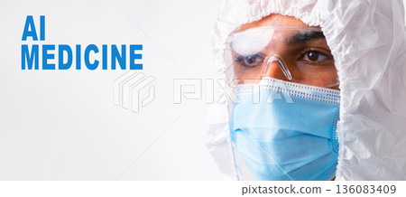 Focus on a person in protective gear looking ahead in a medical setting related to AI 136083409