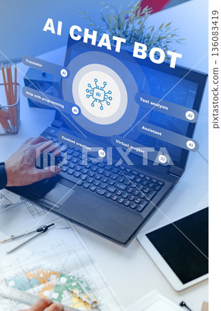 Exploring AI chat bot features at a desk with tools and a laptop in a workspace 136083419