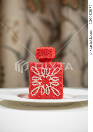 Red velvet mousse dessert shaped like perfume bottle Red velvet mousse dessert shaped like perfume bottle 136083673