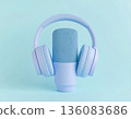 Professional audio industry and content creation. Pop filter in purple color. Studio microphone and headphones on a white background. 136083686