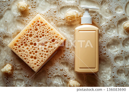 Home cleaning blogs. Top view. Yellow sponge with cleaning agent with soap bubbles. Home cleaning blogs. Top view. Yellow sponge with cleaning agent with soap bubbles. 136083690