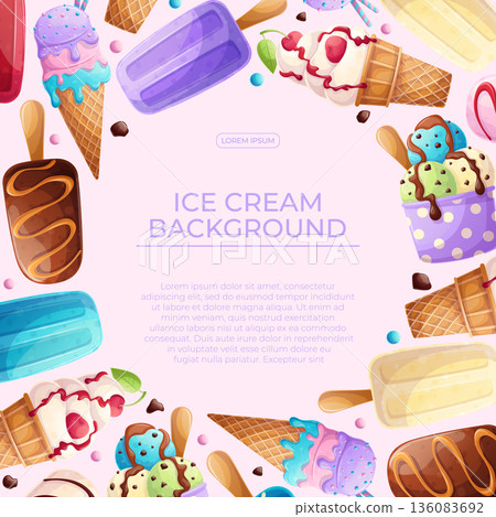 Colorful background with delicious ice cream. The concept of summer, relaxation, sweets. Vector illustration for the design of posters, flyers, postcards, invitations 136083692
