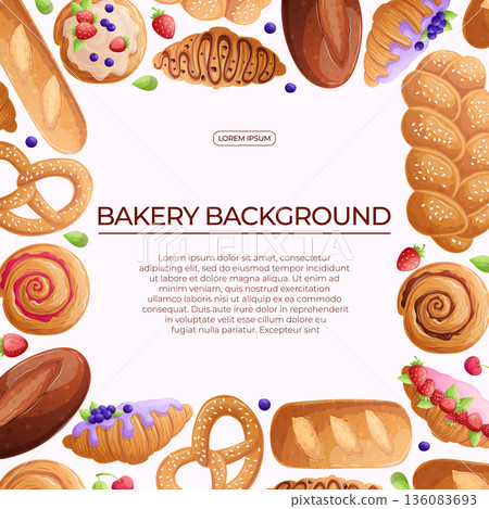 Colorful background with delicious bakery pastries on a white background. The concept of confectionery, baking, cooking. Vector illustration for the design of posters, flyers, postcards, invitations 136083693