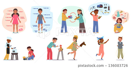 Diverse set of children not following traditional gender roles promoting equality and individuality 136083726