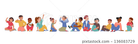 Group of cute kindergarten children cartoon characters sitting together on floor isolated on white 136083729